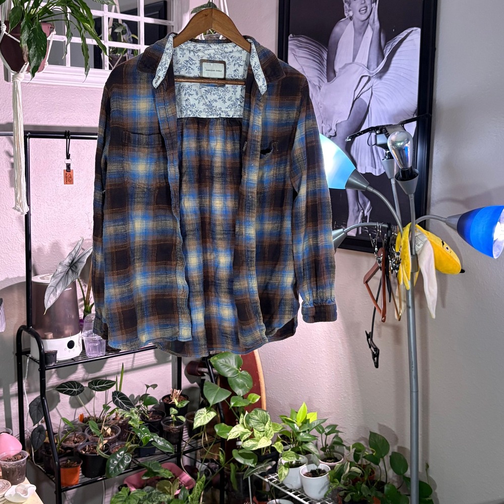 American Eagle By Payless Plaid Button Down Shirt - Blue and Brown